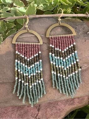 Beaded Fringe Drop Earrings in Rose, Aqua & Olive with Gold Accent